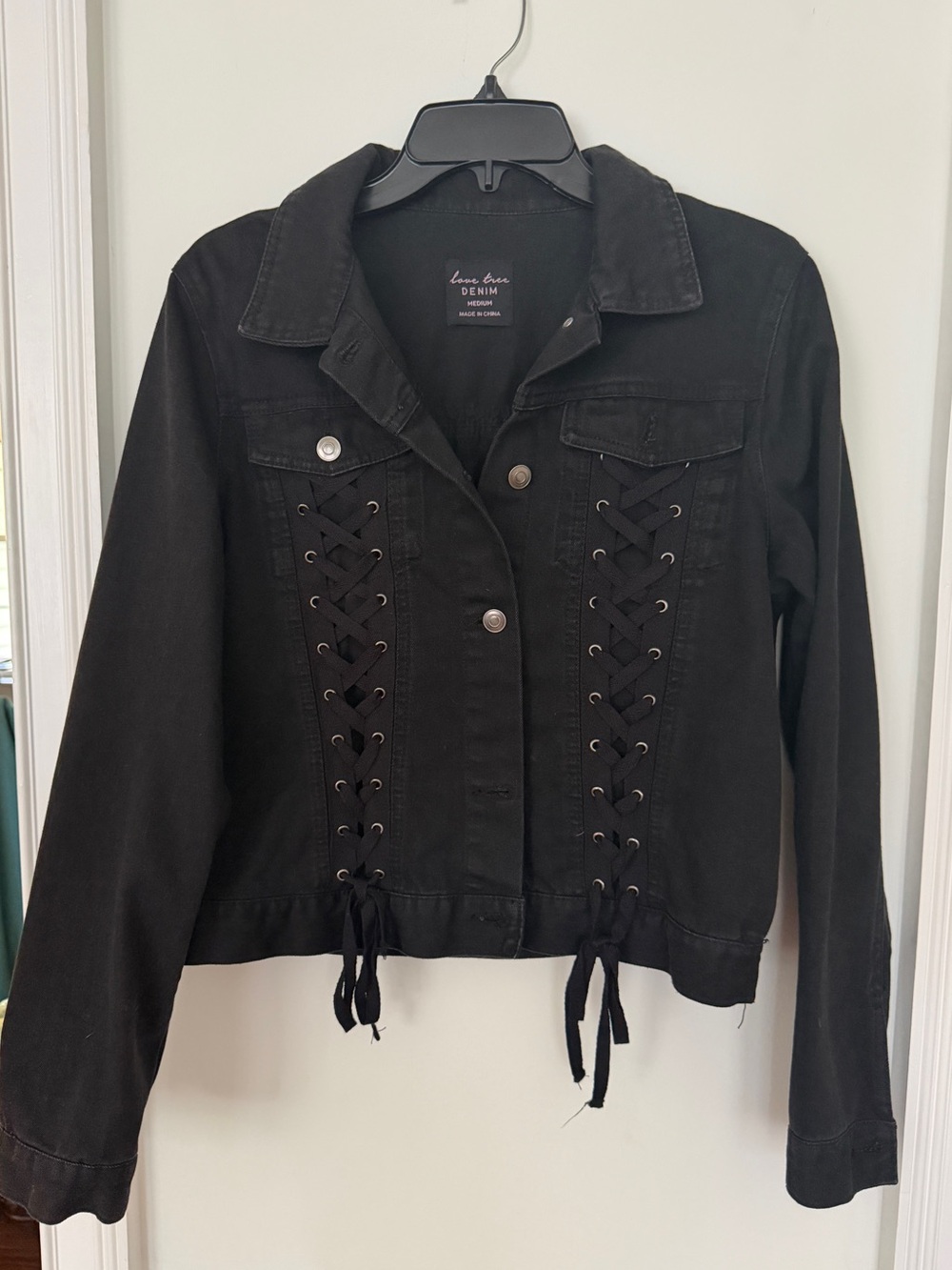Love Tree Black Lace-Up Jean Jacket